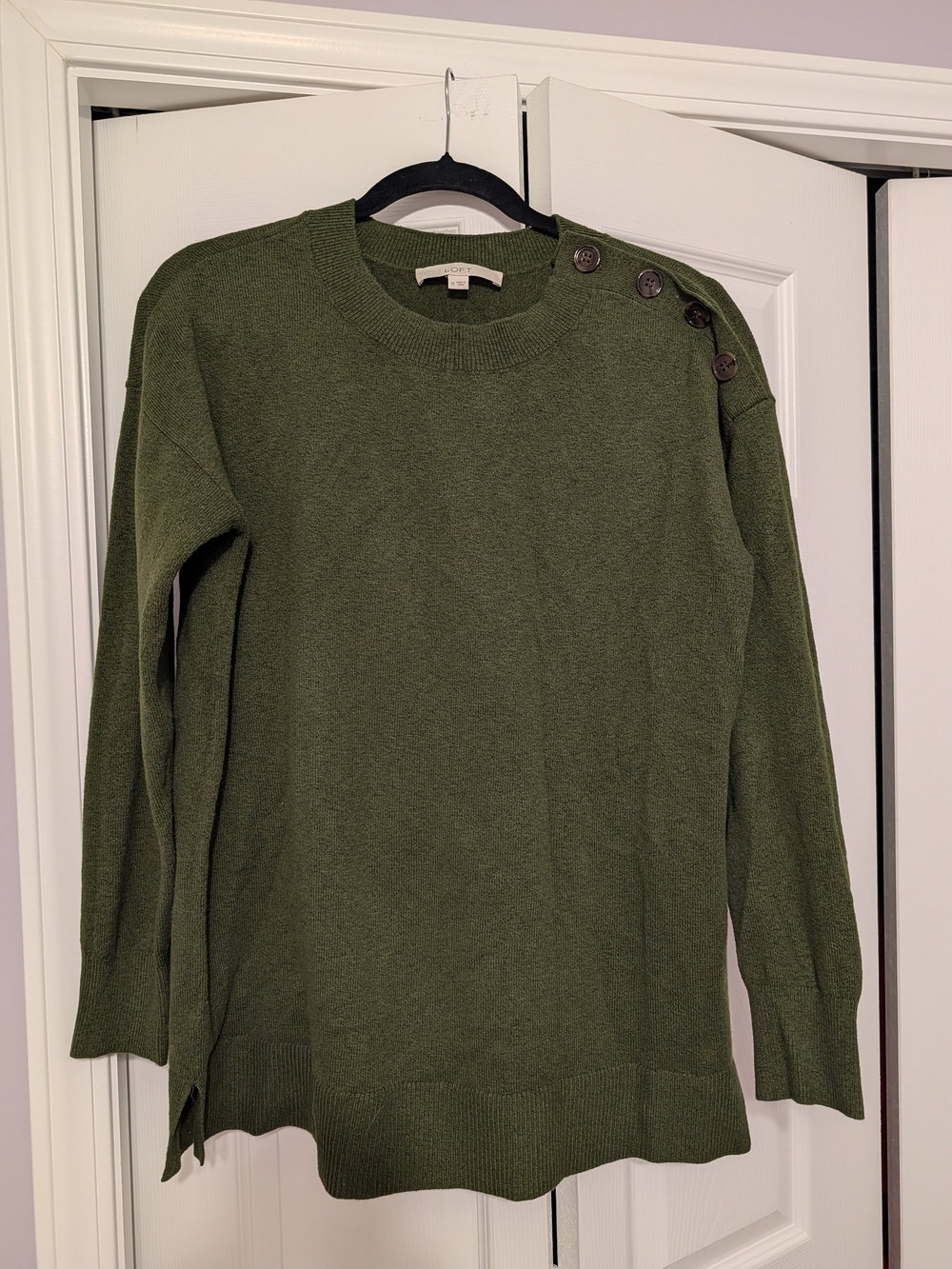 LOFT Olive Green Crewneck Sweater with Shoulder Buttons